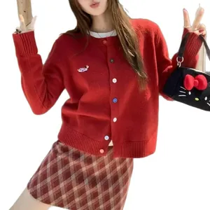 Loose red knit cardigan featuring multi-colored buttons and small dog embroidery for women.