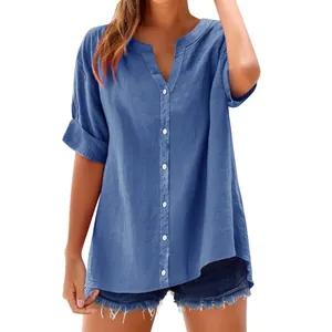 Casual blauw damesshirt met korte mouwen, een opstaande kraag en een losse pasvorm