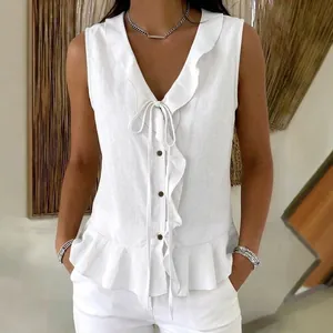Blouse élégante blanche sans manches à col en V avec volants et lien noué pour femme