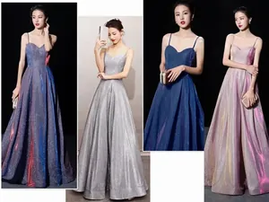 Detailed view of shimmering spaghetti strap evening gowns featuring deep V-neck and glitter fabric
