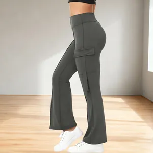 Detail view of women's high-waisted grey flared yoga pants with functional side cargo pockets.