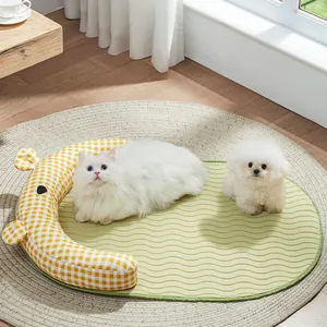 Breathable summer pet cooling mat with yellow checkered bolster for small dogs and cats