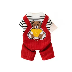 Red corduroy pet overalls with striped shirt and embroidered bear patch for small dogs
