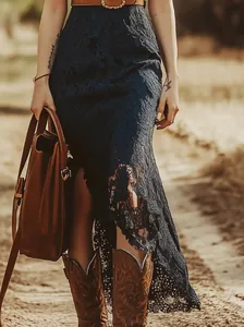 Retro bohemian blue lace midi skirt with irregular hem and vintage brown leather boots