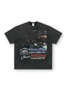Vintage washed black heavyweight cotton t-shirt with classic car graphic print design