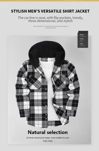 Close-up of stylish black and white plaid hooded shirt jacket for men with trendy design