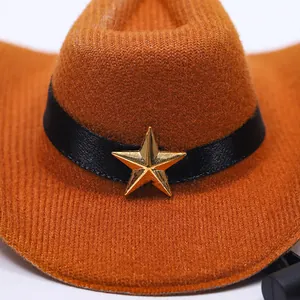 Western style brown felt pet cowboy hat with gold star badge for cats and small dogs