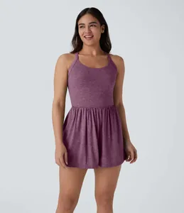 Detail view of a comfortable sleeveless purple romper with a gathered elastic waist.