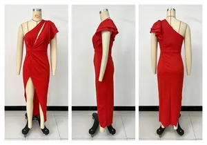 Detailed triple view of a vibrant red one-shoulder formal dress with ruffles and high slit