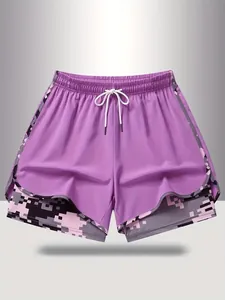 Women's Casual Sports Shorts Two-In-One Design With Camo Lining Drawstring Waist Pockets Running Gym Fitness Bottom