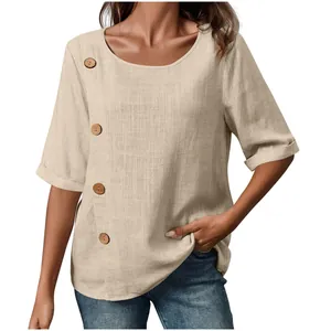 Camicetta casual in cotone e lino beige da donna con esclusivo dettaglio bottone laterale