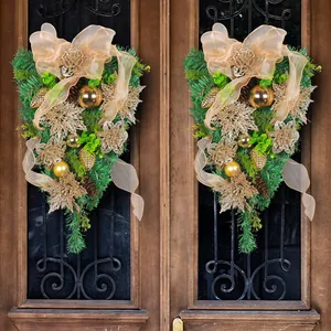 Christmas Teardrop Swag Wreath With Gold Glitter Flower Pine Cone Ribbon Bow For Front Door Wall Hanging Decoration