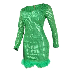 Glamorous green long sleeve sequin bodycon mini dress with luxury feather hem trim for clubs