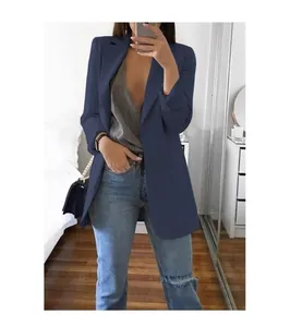 Close-up of navy blue slim fit blazer with notched lapel for women's autumn fashion