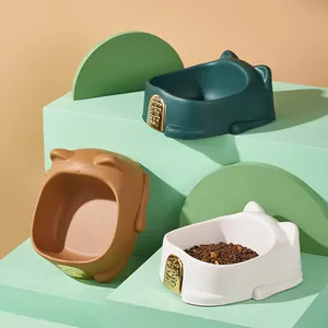 Maneki-neko shaped ceramic pet bowls in green, brown and white for cats and small dogs
