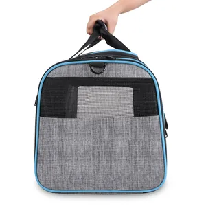 Close-up view of a breathable gray and blue pet carrier bag held by a human hand