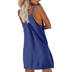 Rear view detail of a loose navy blue sleeveless strap summer dress for women