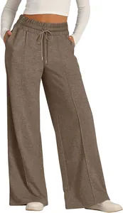 Close-up detail of women's coffee brown wide-leg sweatpants with drawstring waist