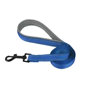 Detailed view of blue reflective pet leash with breathable mesh handle