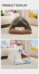 Detailed view of cozy semi-enclosed pet tents for cats and dogs in a home setting