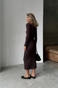 Slim fit ribbed knit long sleeve dress in deep brown for women's autumn winter fashion.