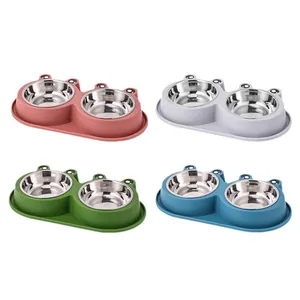 Frog-shaped stainless steel double pet bowl for cats and dogs with an anti-slip base design