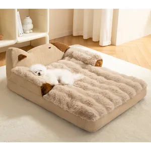 Detailed macro view of the plush warm dog bed showing soft long fur texture