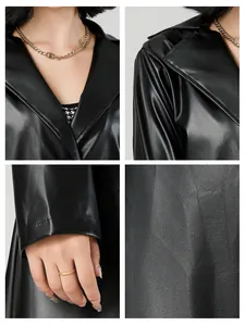Détails d'un trench-coat noir en simili cuir montrant le col, les poignets et la texture.