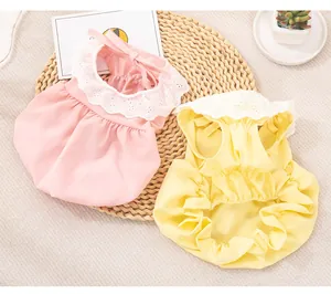 Vue détaillée de jolies robes de princesse pour animaux rose et jaune avec dentelle