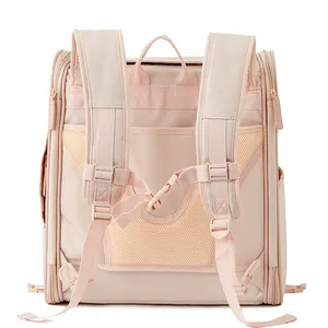 Portable pink pet backpack carrier with breathable mesh back and padded shoulder straps