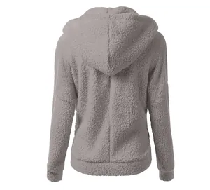 Detailed back view of a cozy gray women's plush hooded sweatshirt showing sherpa texture