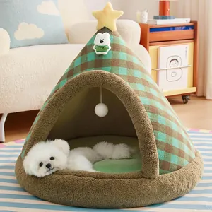 Enclosed Pet Tent Bed Christmas Tree Shape Warm Plush Dog House Semi-Closed Cat Nest With Soft Cushion For Small Dogs Cats