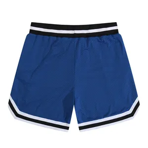 Blue breathable mesh athletic performance shorts with striped waistband and trim for men