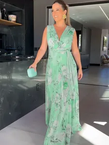 Elegant sleeveless V-neck floral print chiffon maxi dress with high waist for summer
