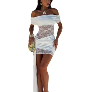 Elegant white off-shoulder ruched mini dress featuring intricate lace patchwork details
