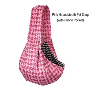 Pink houndstooth pet sling carrier with phone pocket for small dogs and cats