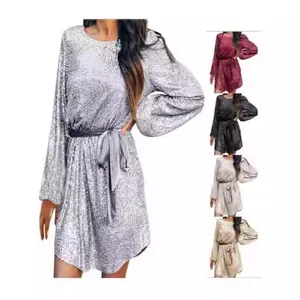 Vestido Mini de Lentejuelas Brillantes Elegante para Mujer Con Lazo de Terciopelo Manga Larga Acampanada Cuello Redondo Color Sólido Vestido de Cóctel para Fiesta de Festival