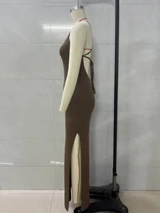Sexy brown knitted backless maxi dress with high side slit for summer beach vacation