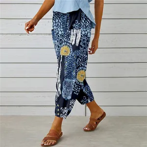 Detailed view of women's vintage print cotton linen cropped pants with ethnic motifs