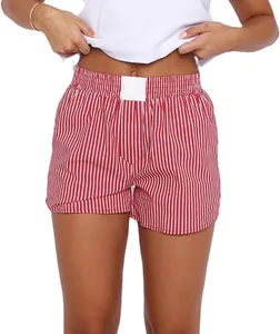 Detailed front view of women's red and white vertical striped casual pajama shorts