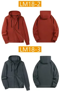 Front and back views of men's polar fleece zip-up hoodies in brick red and dark grey