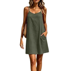 Eleganter olivgrüner ärmelloser V-Ausschnitt Slip-Kleid mit Taschen für Damen Freizeit