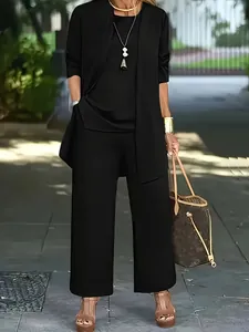 Elegant black three-piece casual suit including cardigan, vest, and wide-leg pants