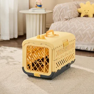 Foldable yellow pet carrier crate for cats and dogs in a cozy home setting
