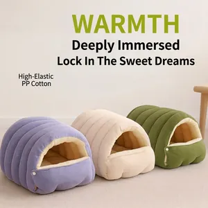 Cozy enclosed warm pet cave bed for small dogs and cats, soft washable fleece interior