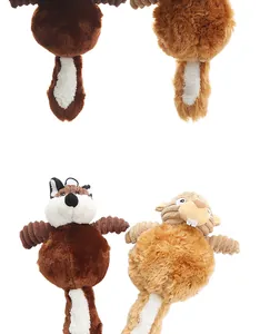 Detailed view of plush squirrel and fox dog toys featuring durable textured fabric