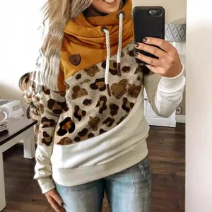 Women's stylish cowl neck hoodie featuring leopard print and color-block design for autumn