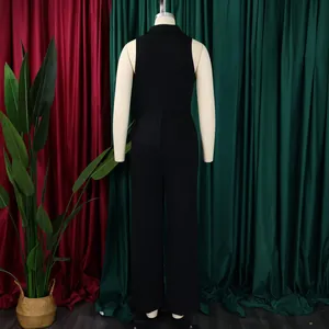 Back view of a sleek black sleeveless wide-leg jumpsuit on a mannequin