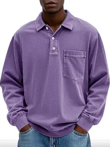 Vintage gewassen paars heren poloshirt met lange mouwen, losse pasvorm en borstzak