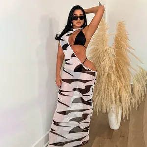 Detaillierte Ansicht Damen 3-Teiler Bikini-Set mit digital bedrucktem Netz-Kleid